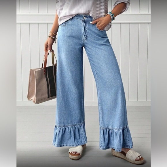 Denim - Light Blue Ruffle-Hem Wide Leg Jeans - Women